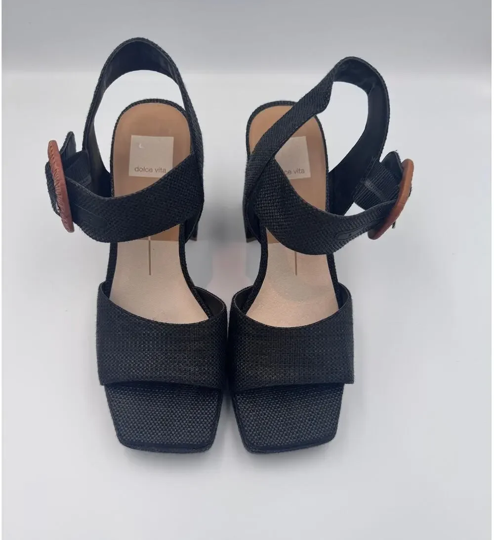 Dolce Vita Women's Black Raffia Block Heel Sandals Square Toe Ankle Strap Size 8